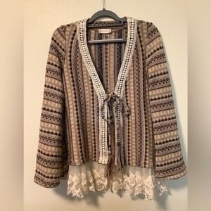 Attard State Boho Fair Isle Lace Trim Knit Cardigan Sweater Womens Small